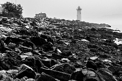 Portsmouth Lighthouse in Foggy Weather at Low Tide -BW